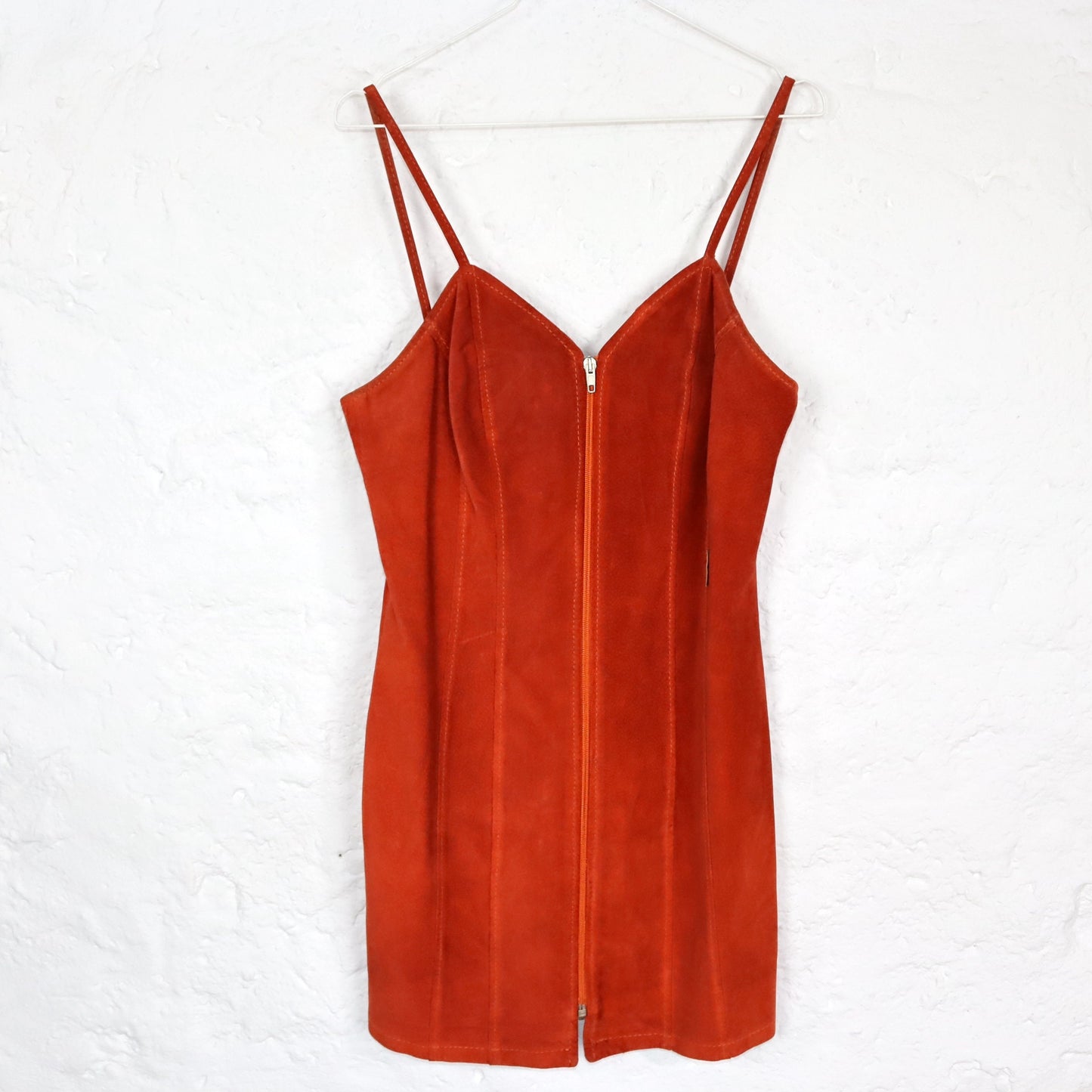 Vintage 80s 90s leather dress mini dress leather zipper orange Made in Italy M/L