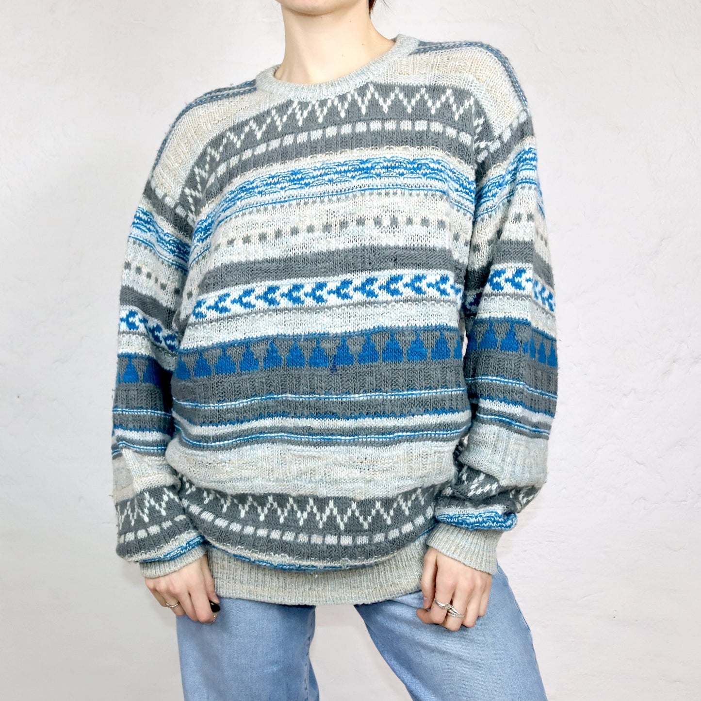 Vintage 80er 90er BENETTON Wollpullover Pullover wolle gemustert blau weiß grau 50 L