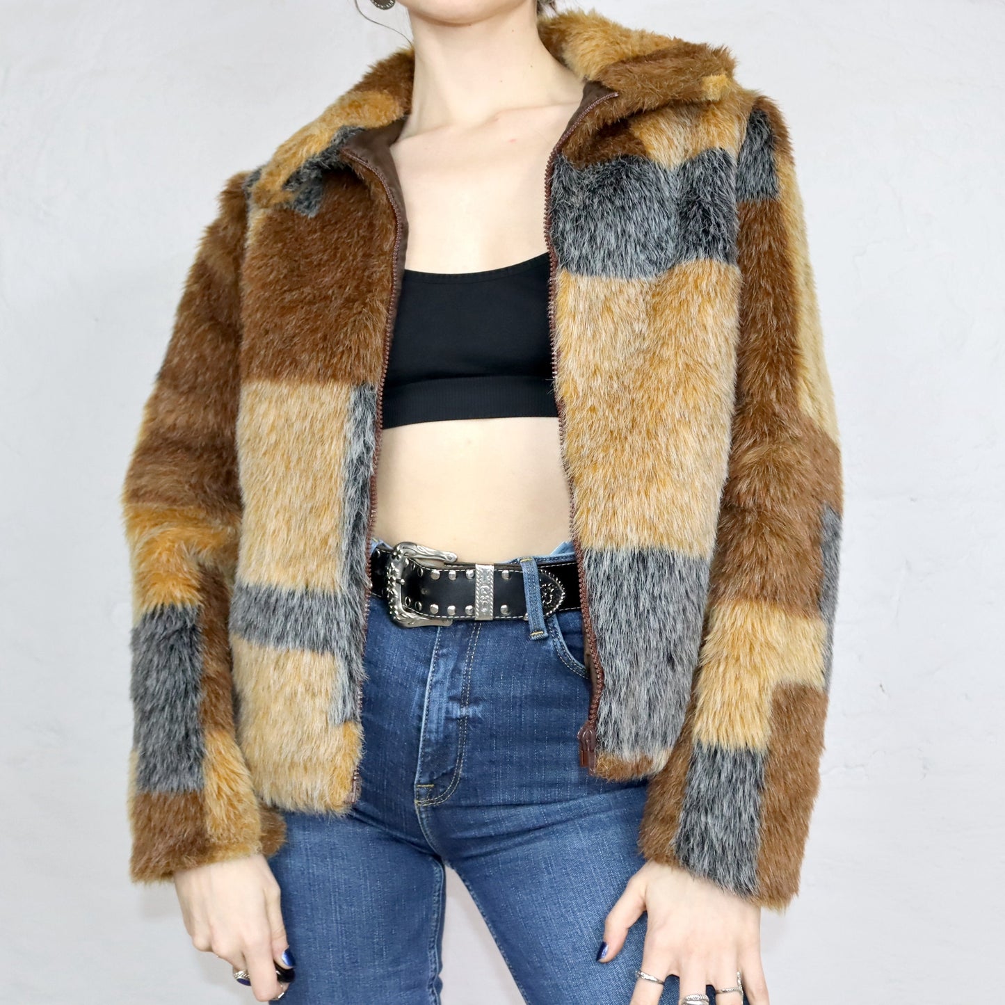 Vintage 90s 00s Y2k ORSAY fur jacket faux fur pattern brown grey with collar 40