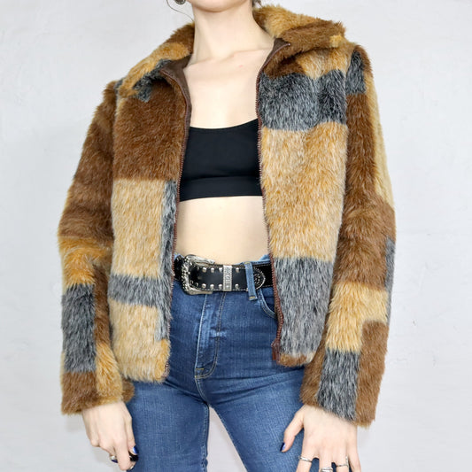 Vintage 90er 00er Y2k ORSAY Felljacke Faux Fur Muster braun grau mit Kragen 40