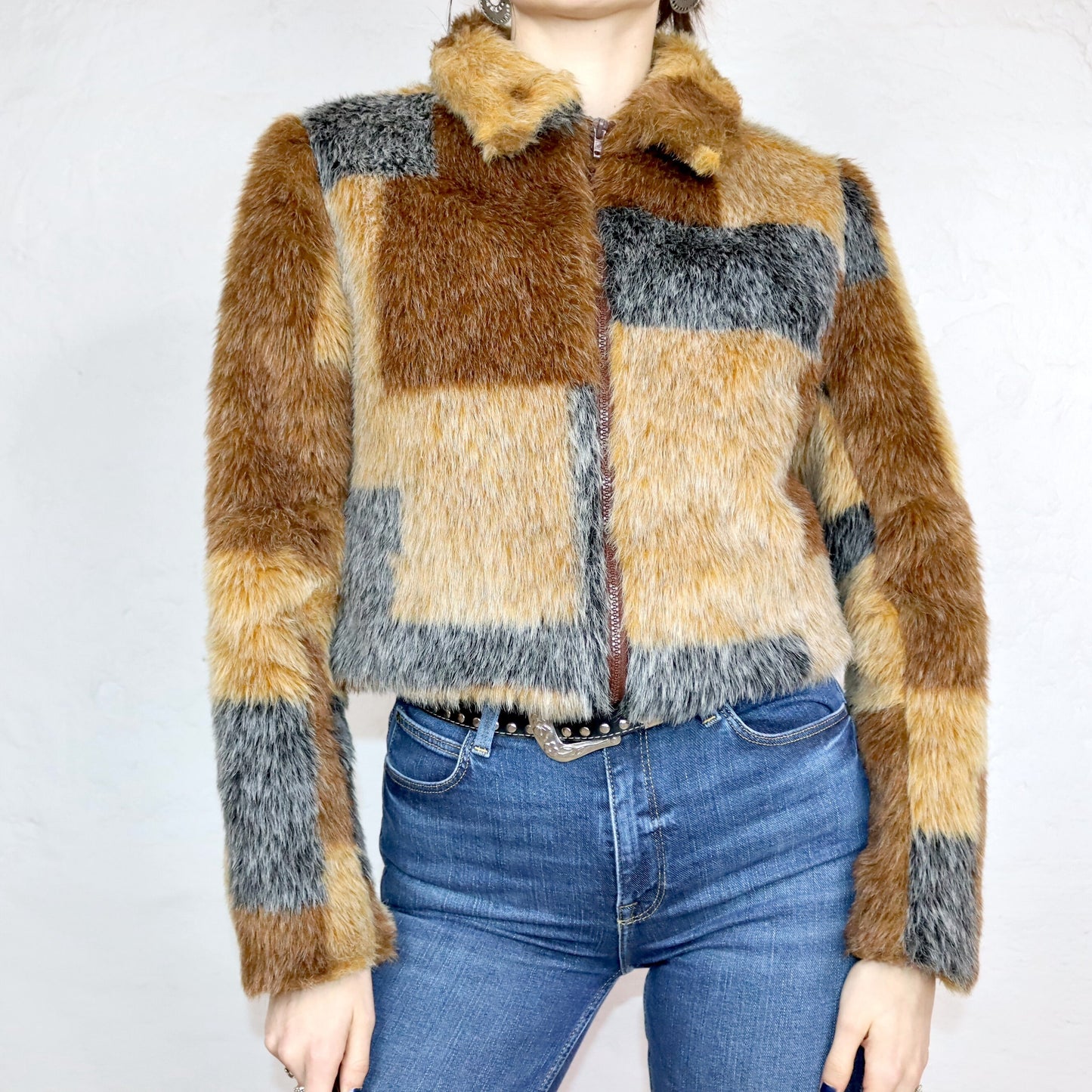 Vintage 90s 00s Y2k ORSAY fur jacket faux fur pattern brown grey with collar 40