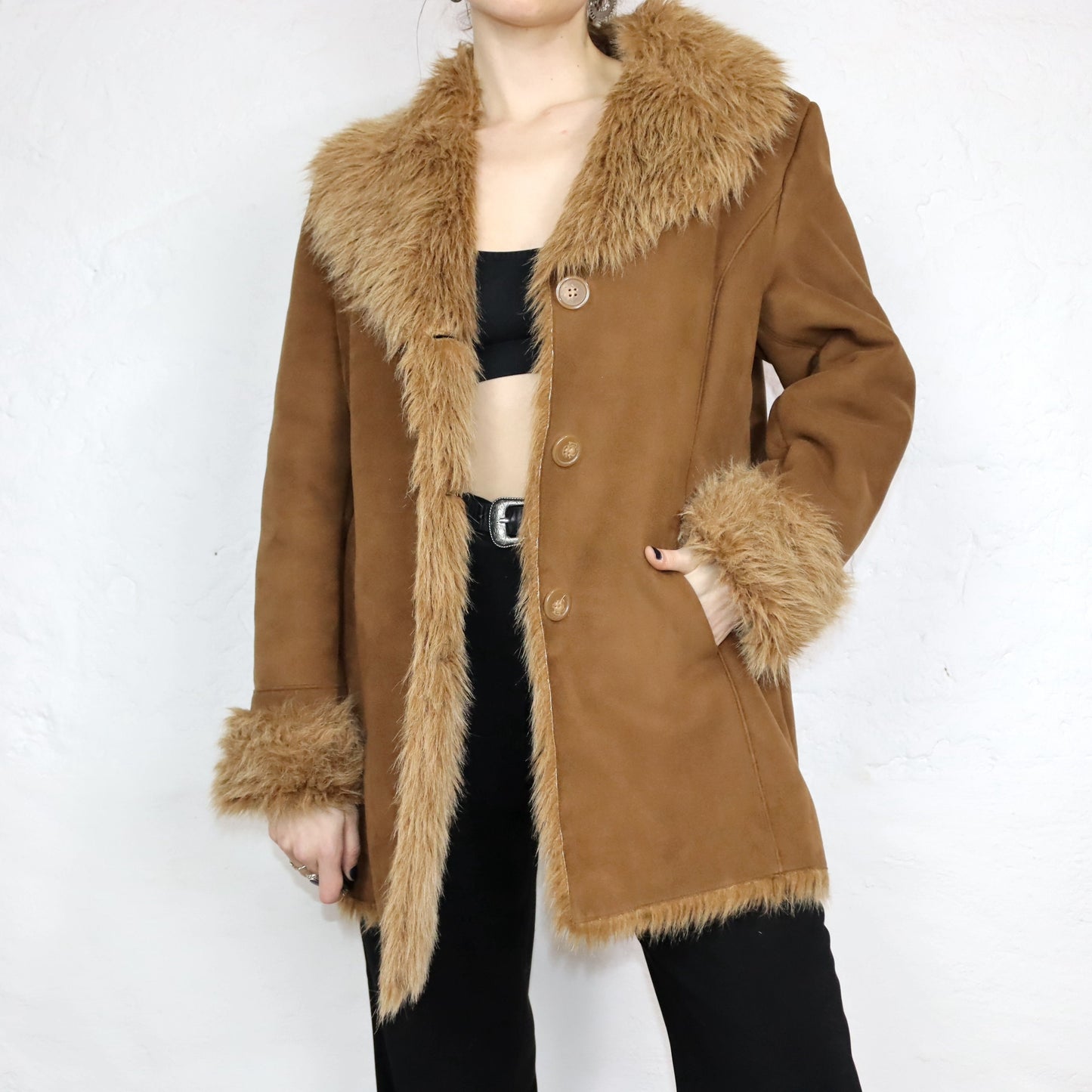 Vintage 80s 90s BIAGGINI coat jacket faux fur brown suede look 44