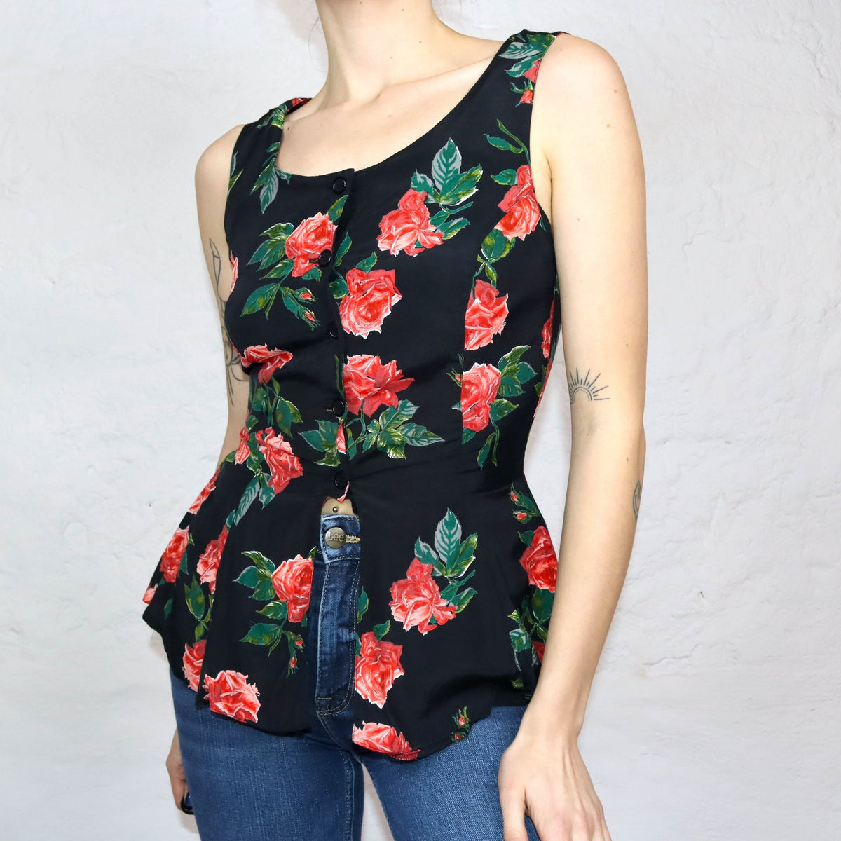 Vintage 80er 90er NICOWA Peplumbluse Bluse ärmellos Blumenmuster Seide Peplum Made in W.-Germany 38