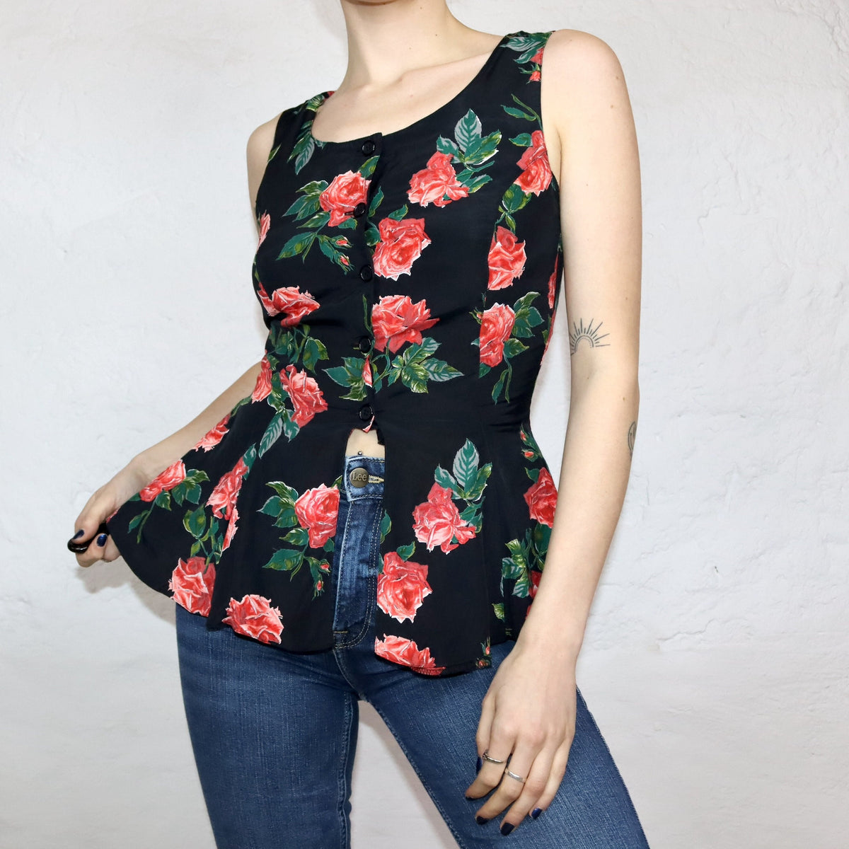 Vintage 80er 90er NICOWA Peplumbluse Bluse ärmellos Blumenmuster Seide Peplum Made in W.-Germany 38