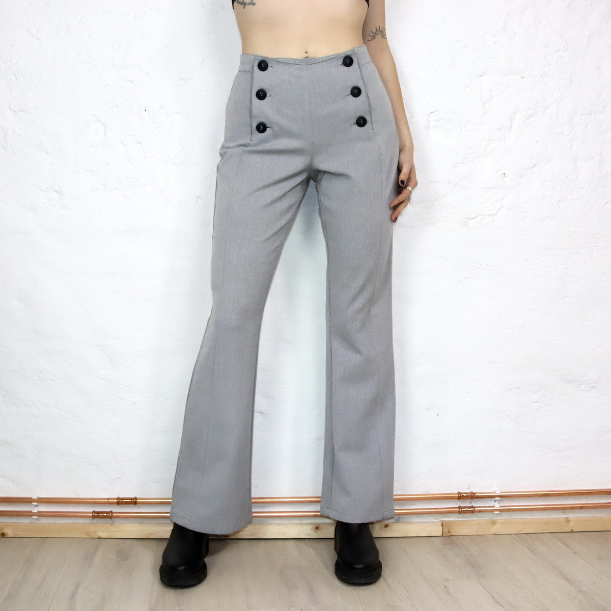 Vintage 70s 80s TWEANS flared trousers button-front grey high-waist trousers 38