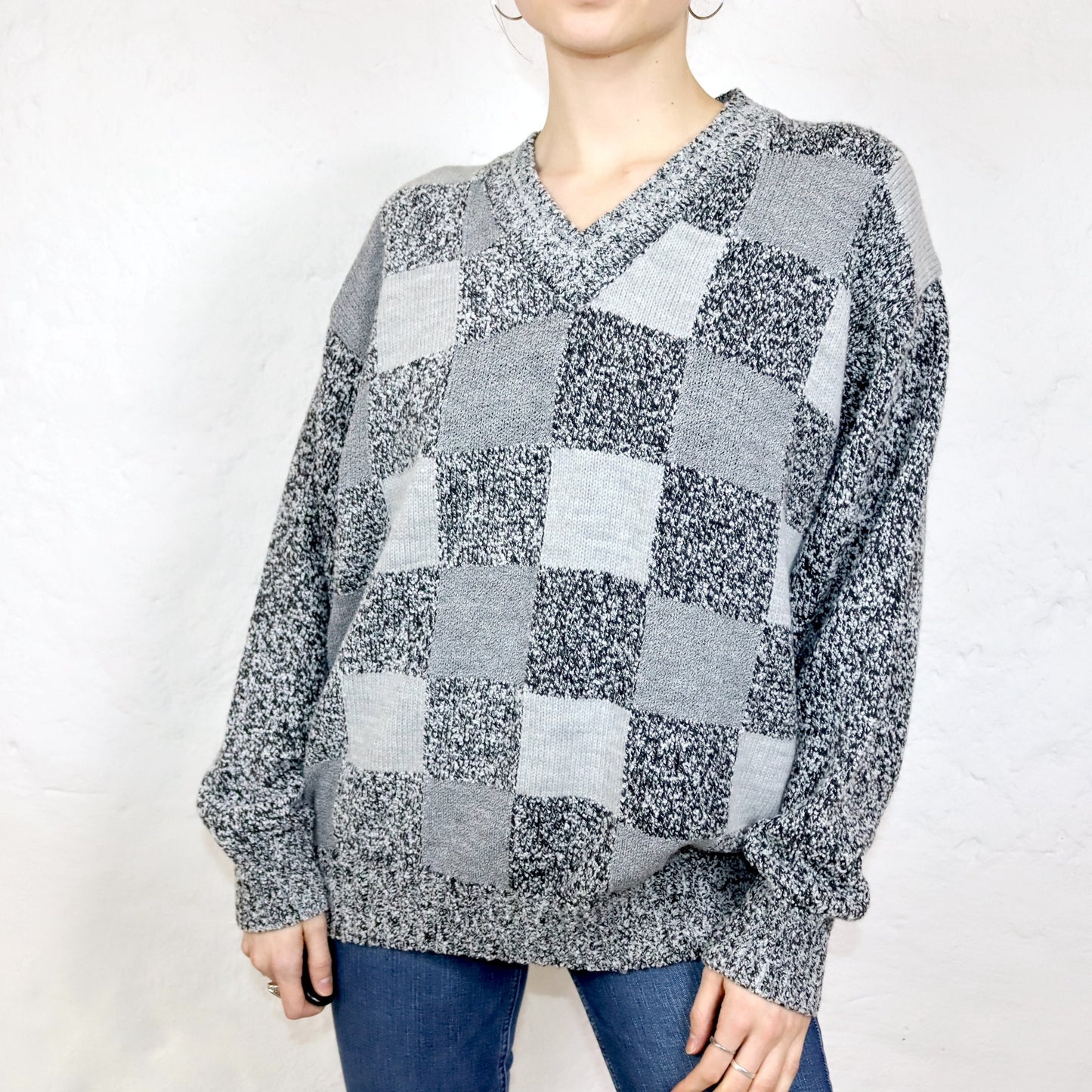 Vintage 80er 90er FILIPPO della VALLE Pullover Wollpullover Schachbrett V-Ausschnitt grau Made in Italy M