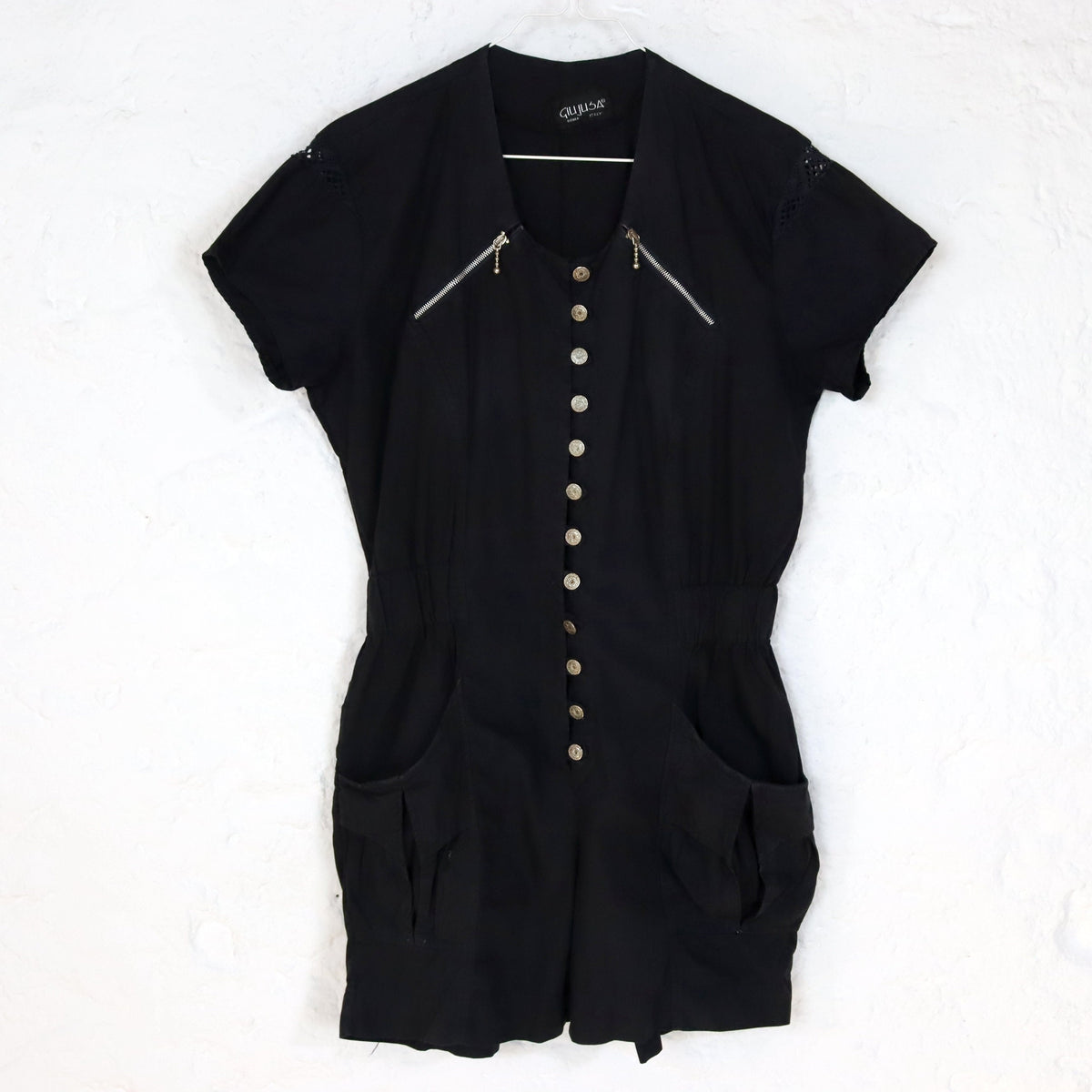 Vintage 80s 90s GIUJUSA one-piece jumpsuit short sleeve button row zips black M