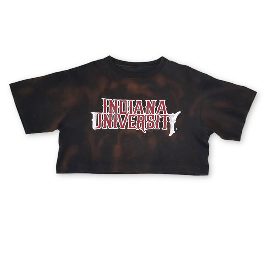 Vintage 80er 90er Reworked Crop T-Shirt Upcycled Batik schwarz Indiana University M