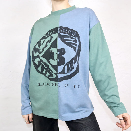 Vintage 80er 90er ETIREL Sweatshirt Pullover blau grün Print M