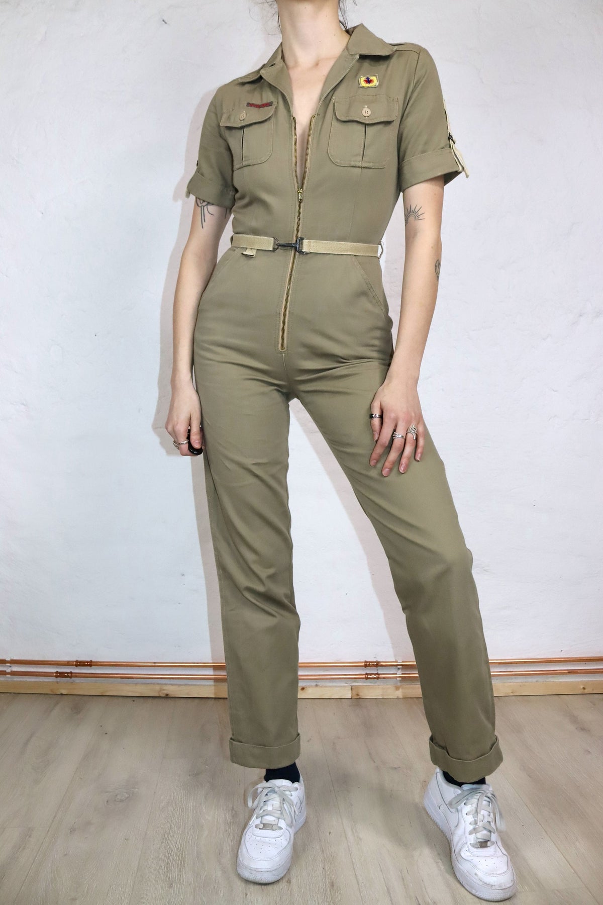 Vintage 70er 80er ROSE HIPS Overall Einteiler kurzarm Reißverschluss Denim khaki 36