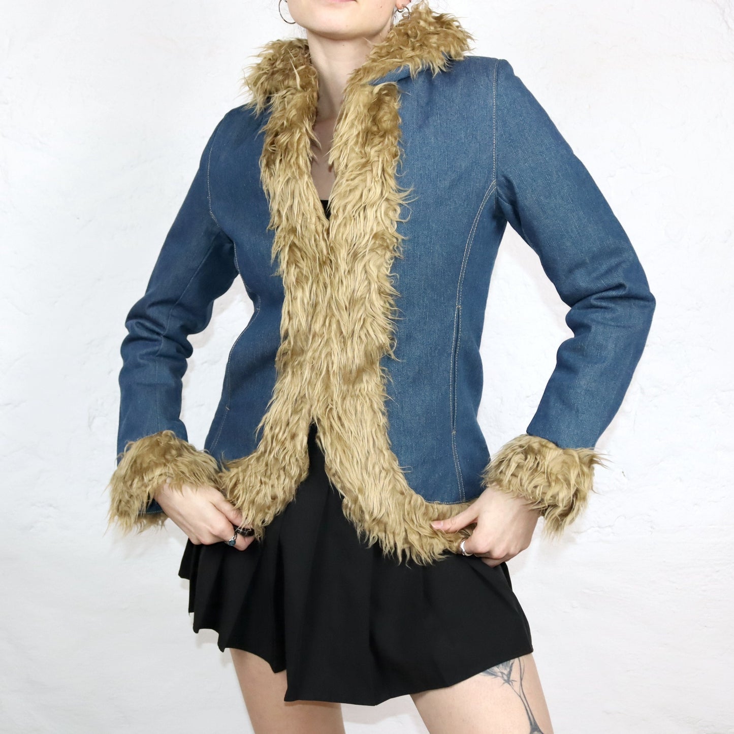 Vintage 00s Y2k NIKITA denim jacket lightly lined with faux fur details Boho shoulder pads Deadstock S
