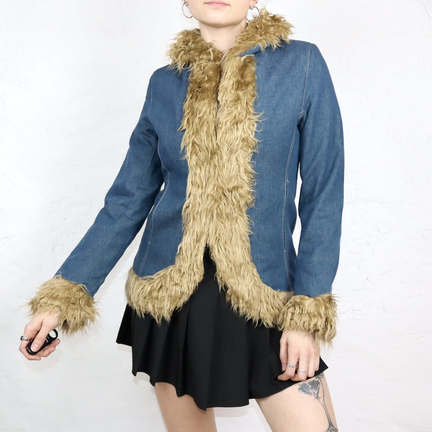 Vintage 00s Y2k NIKITA denim jacket lightly lined with faux fur details Boho shoulder pads Deadstock S