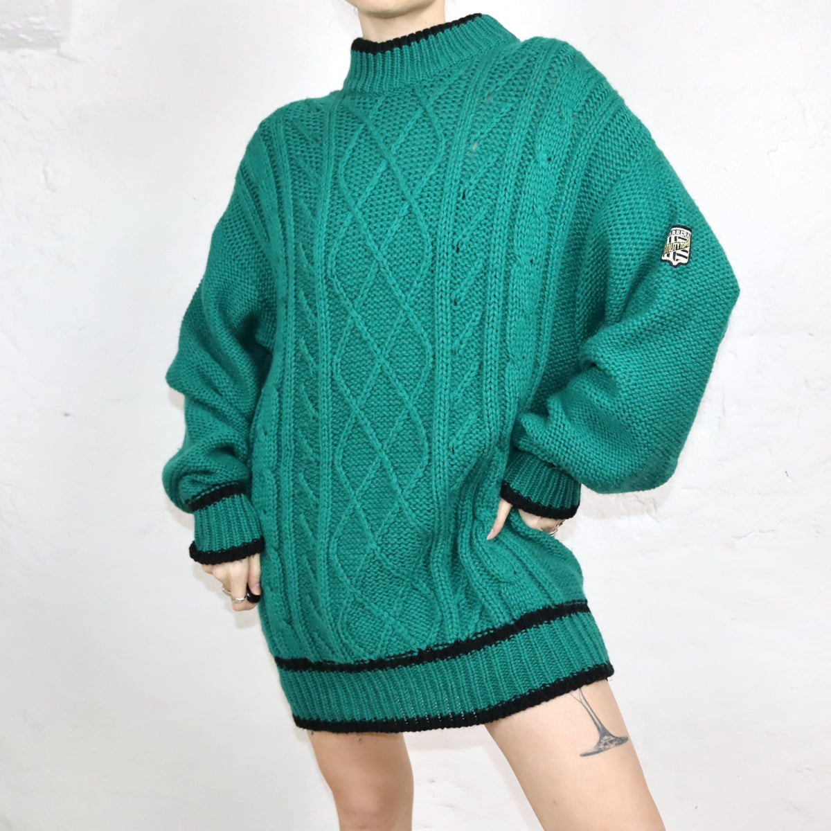 Vintage 80er 90er CARRERA Wollkleid Wollpullover Pullover schwarz grün Schurwolle L