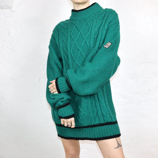 Vintage 80er 90er CARRERA Wollkleid Wollpullover Pullover schwarz grün Schurwolle L