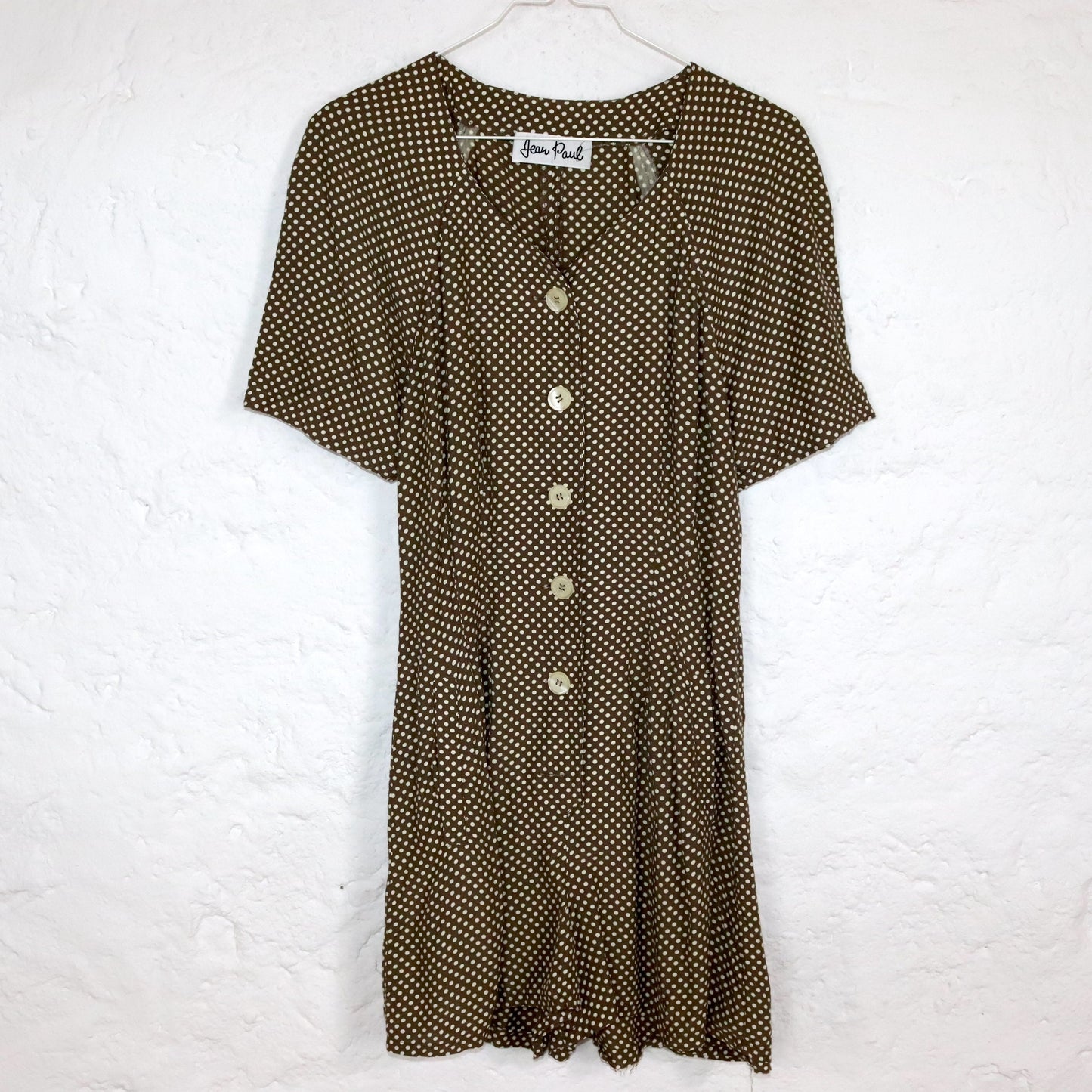 Vintage 80s 90s JEAN PAUL jumpsuit one-piece short sleeve dotted beige white button row viscose 38