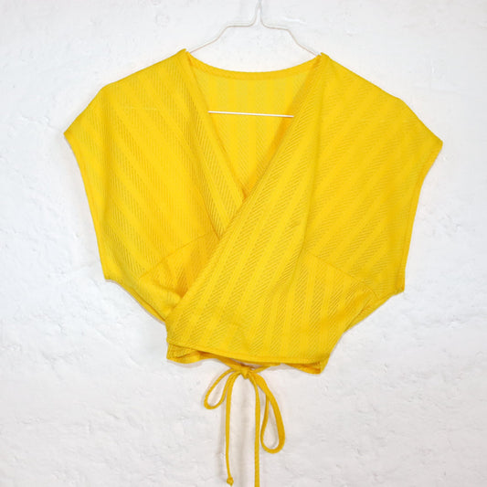 Vintage 70er 80er VEB Jersey Moden DDR Wickelbluse Cardigan kurzarm gelb M