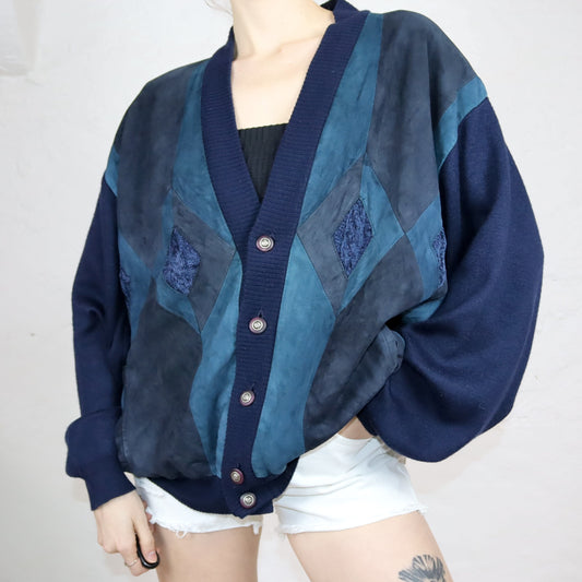 Vintage 80er 90er PAOLO BARBIERI Cardigan Wildleder Strick dunkelblau 56 XL