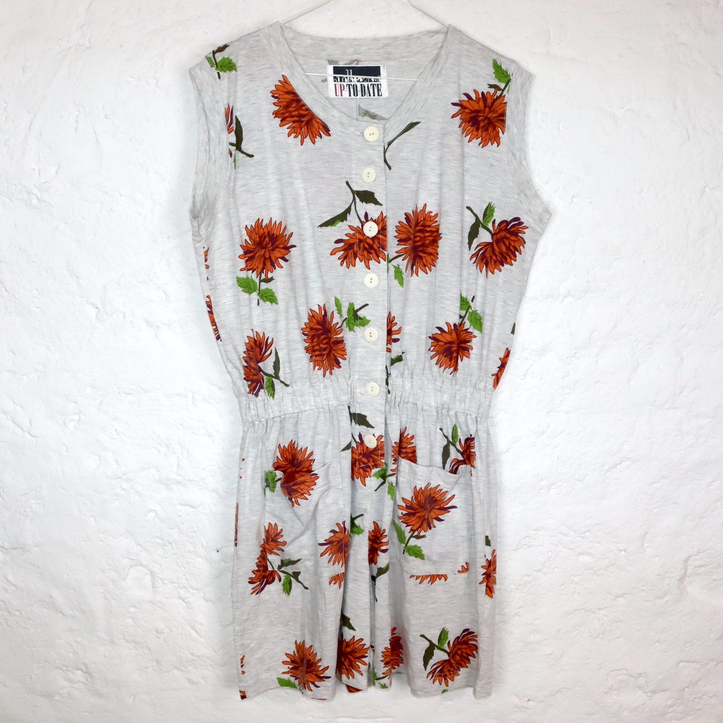 Vintage 80s 90s one-piece jumpsuit sleeveless floral pattern grey mottled fitted 38/40