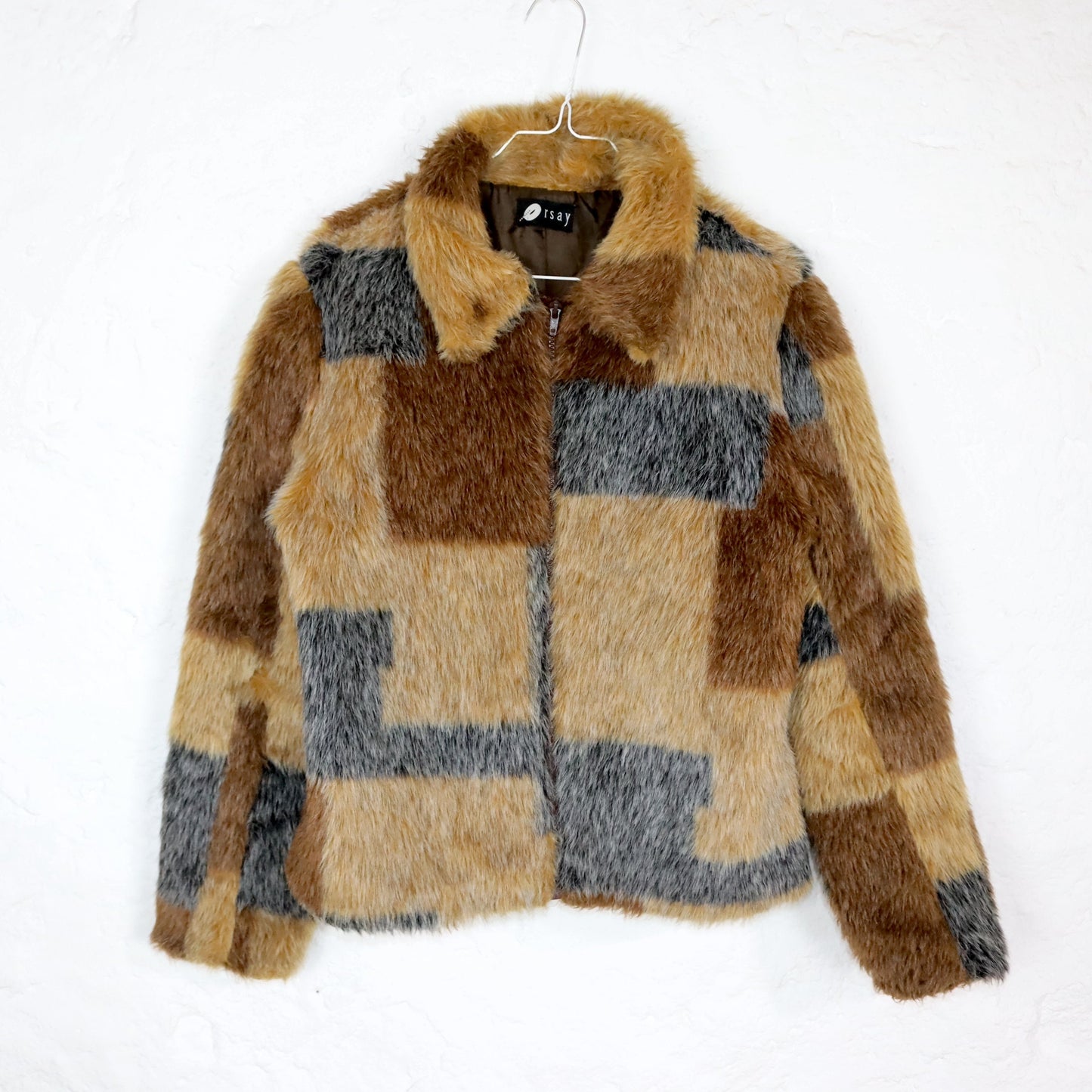 Vintage 90s 00s Y2k ORSAY fur jacket faux fur pattern brown grey with collar 40