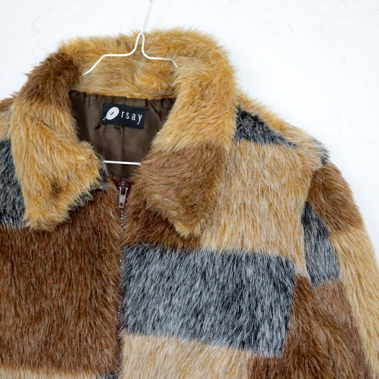 Vintage 90s 00s Y2k ORSAY fur jacket faux fur pattern brown grey with collar 40