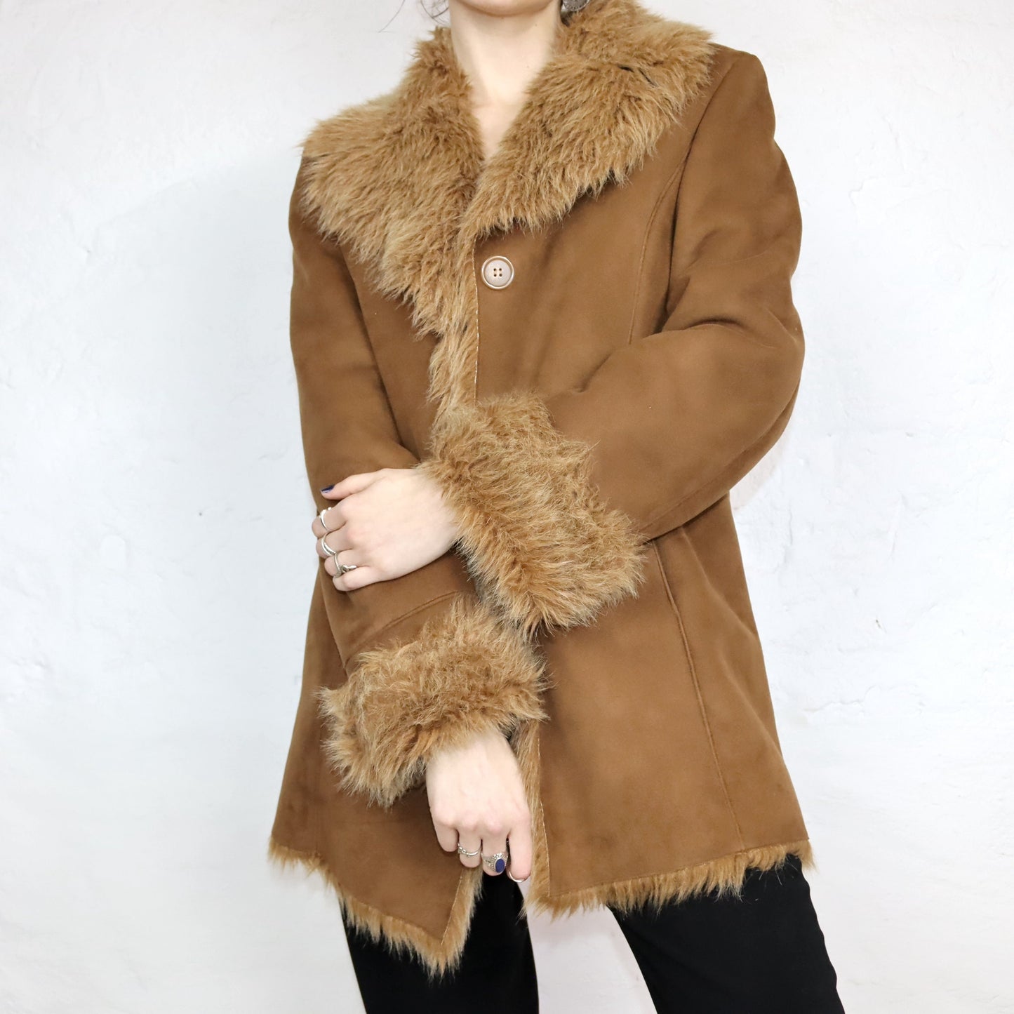 Vintage 80s 90s BIAGGINI coat jacket faux fur brown suede look 44