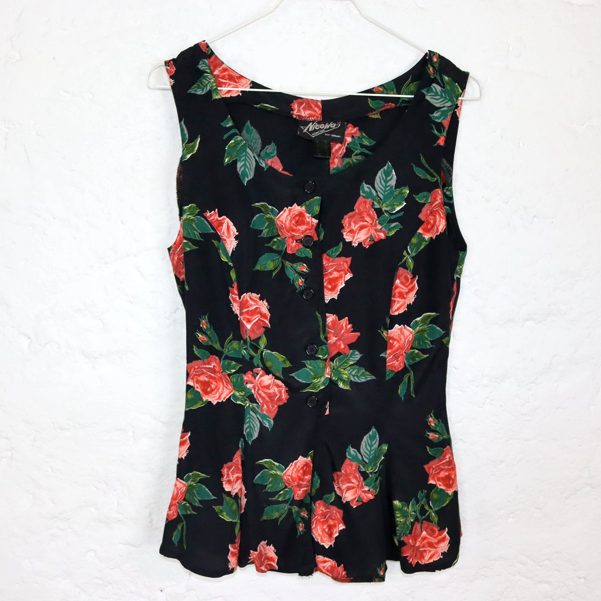 Vintage 80er 90er NICOWA Peplumbluse Bluse ärmellos Blumenmuster Seide Peplum Made in W.-Germany 38
