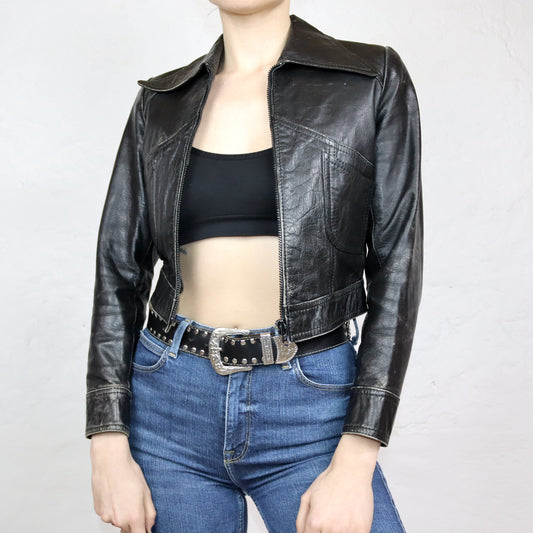 Vintage 70er 80er Lederjacke Nappa Leder Spitzkragen kurz schwarz XS/S