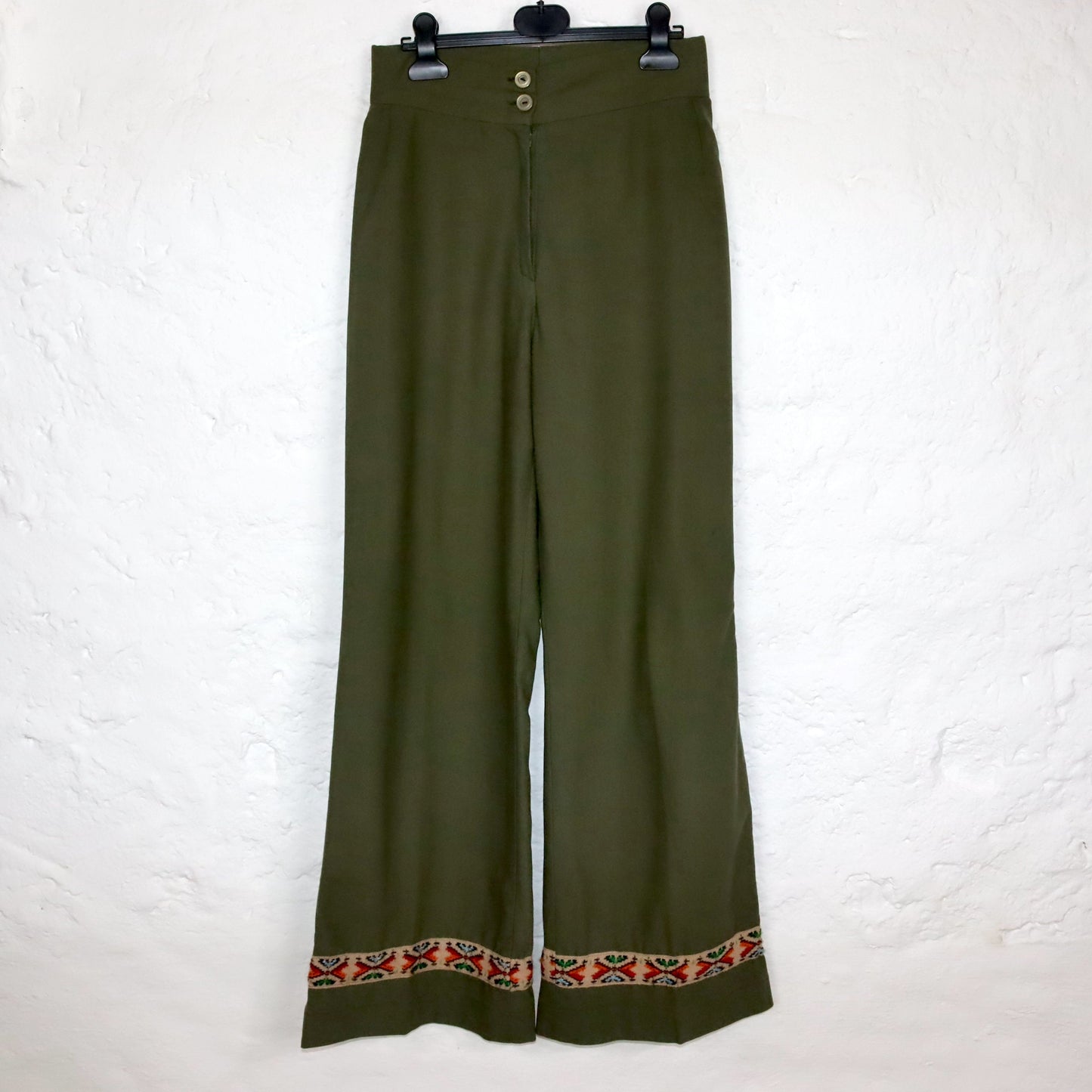 Vintage 70s 80s Marlene trousers high waist embroidery khaki dark green wide leg 38