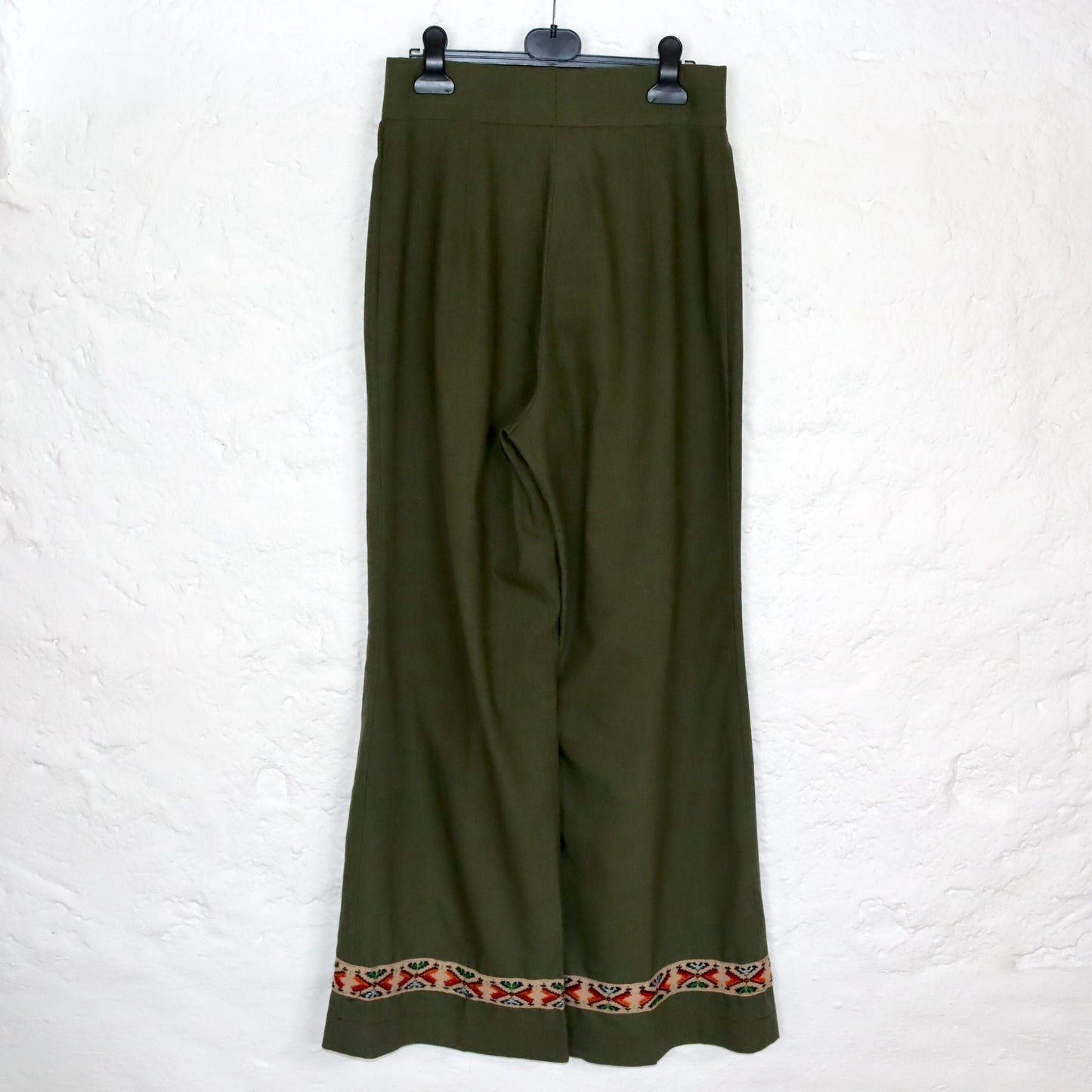 Vintage 70s 80s Marlene trousers high waist embroidery khaki dark green wide leg 38