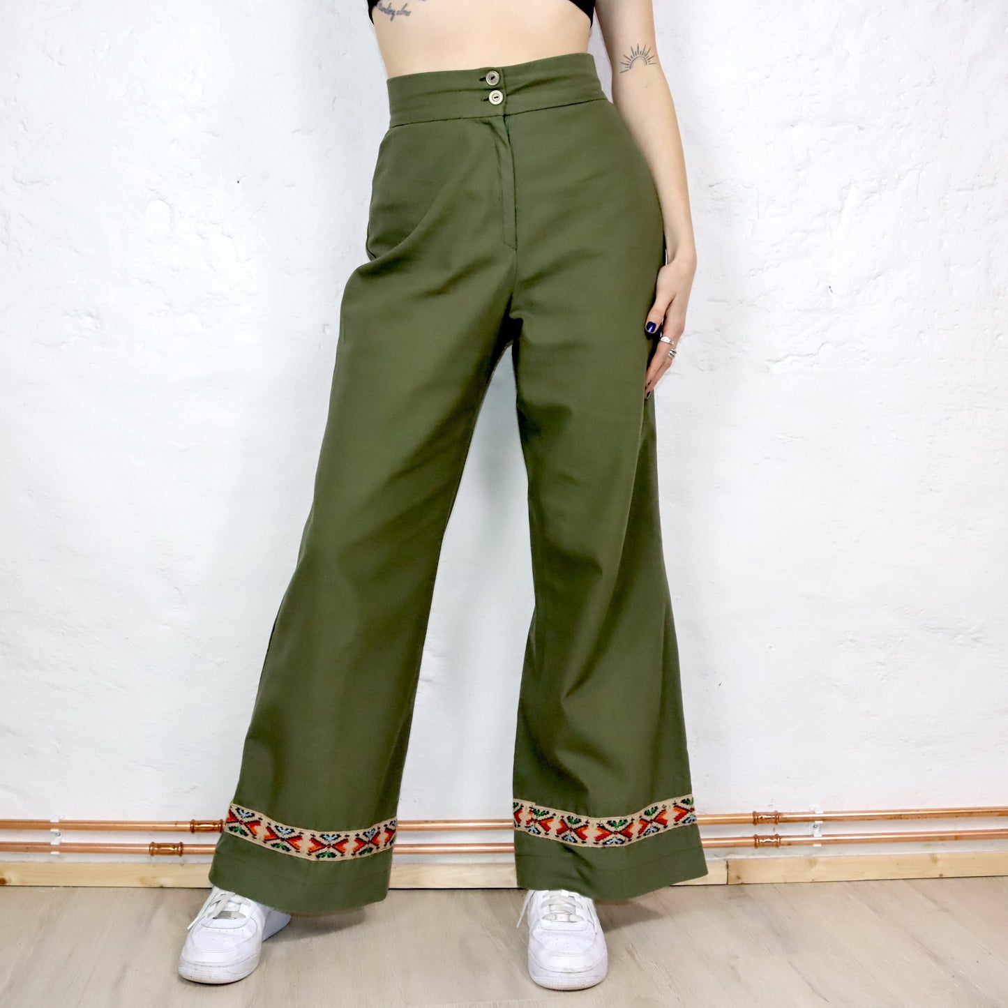 Vintage 70s 80s Marlene trousers high waist embroidery khaki dark green wide leg 38
