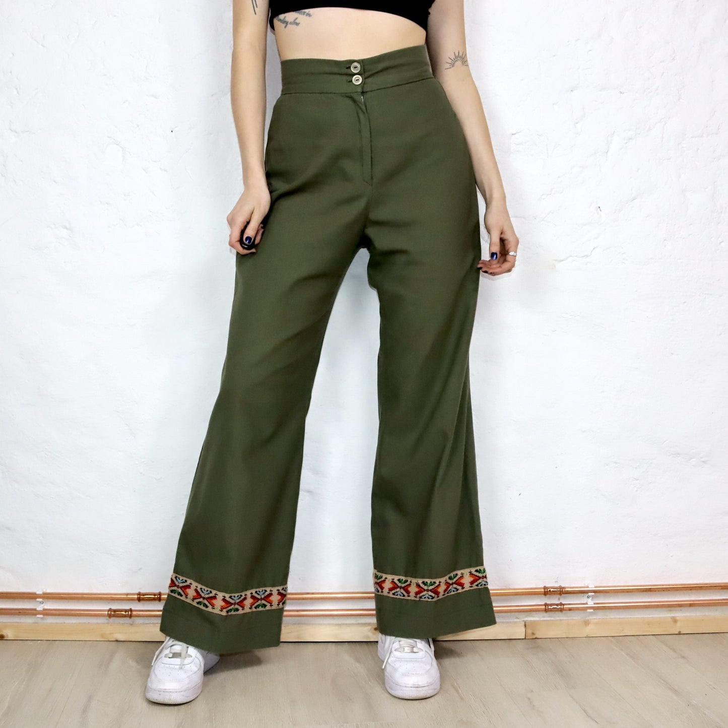 Vintage 70s 80s Marlene trousers high waist embroidery khaki dark green wide leg 38