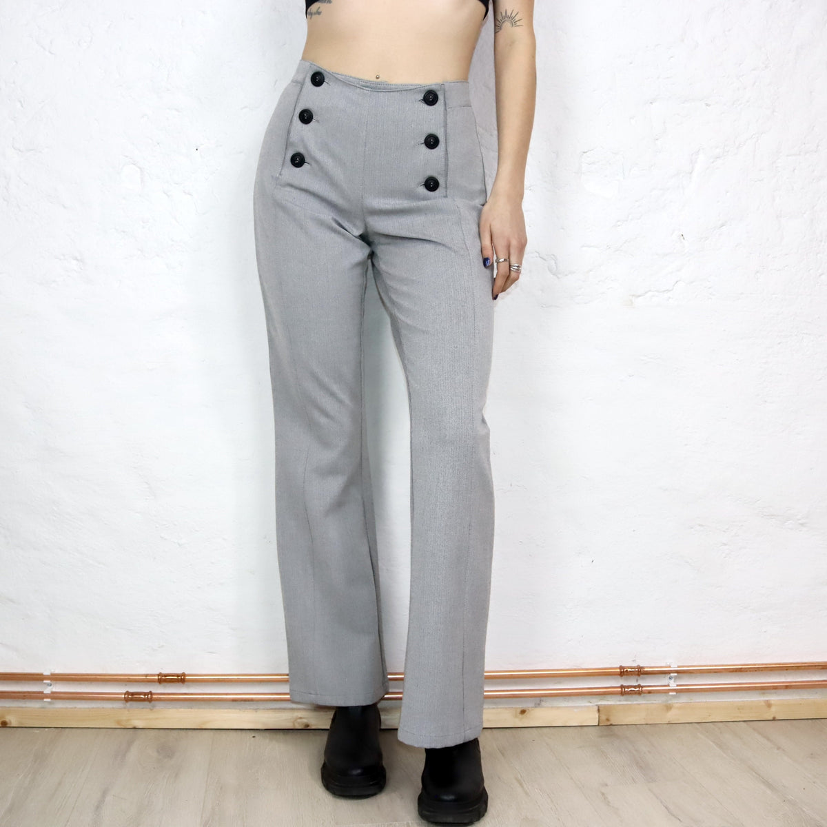 Vintage 70s 80s TWEANS flared trousers button-front grey high-waist trousers 38