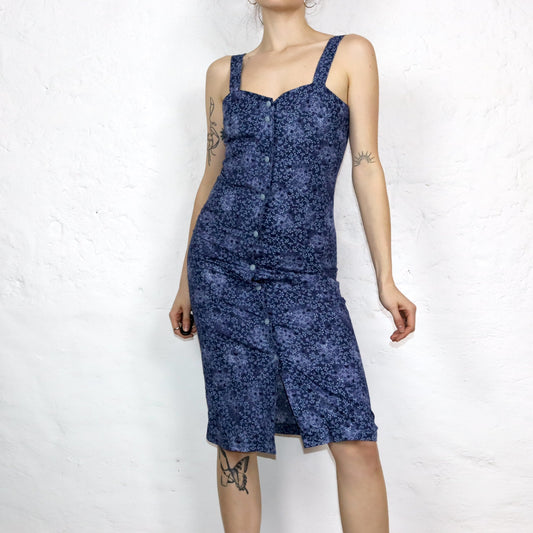 Vintage 80er 90er Midikleid Kleid ärmellos Knopfleiste Blumenmuster dunkelblau S