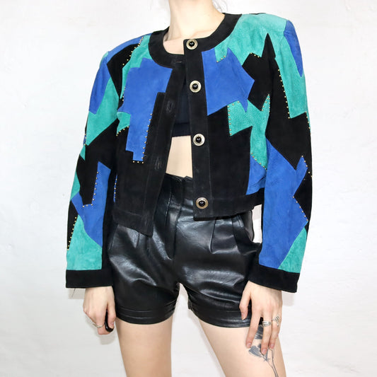 Vintage 80er 90er YESSICA Wildlederjacke Jacke Leder Muster schwarz blau türkis Details Schulterpolster 42