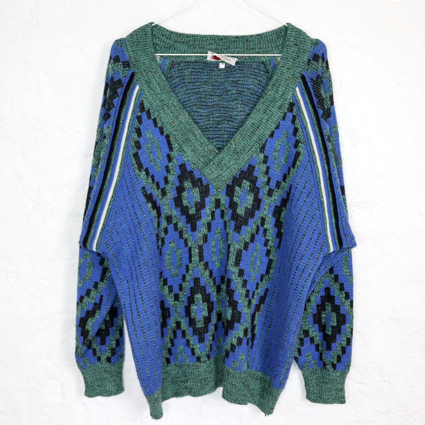Vintage 80er 90er CENTOCAVALLI Pullover Wolle V-Ausschnitt grün blau gemustert M