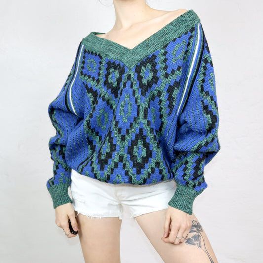 Vintage 80er 90er CENTOCAVALLI Pullover Wolle V-Ausschnitt grün blau gemustert M