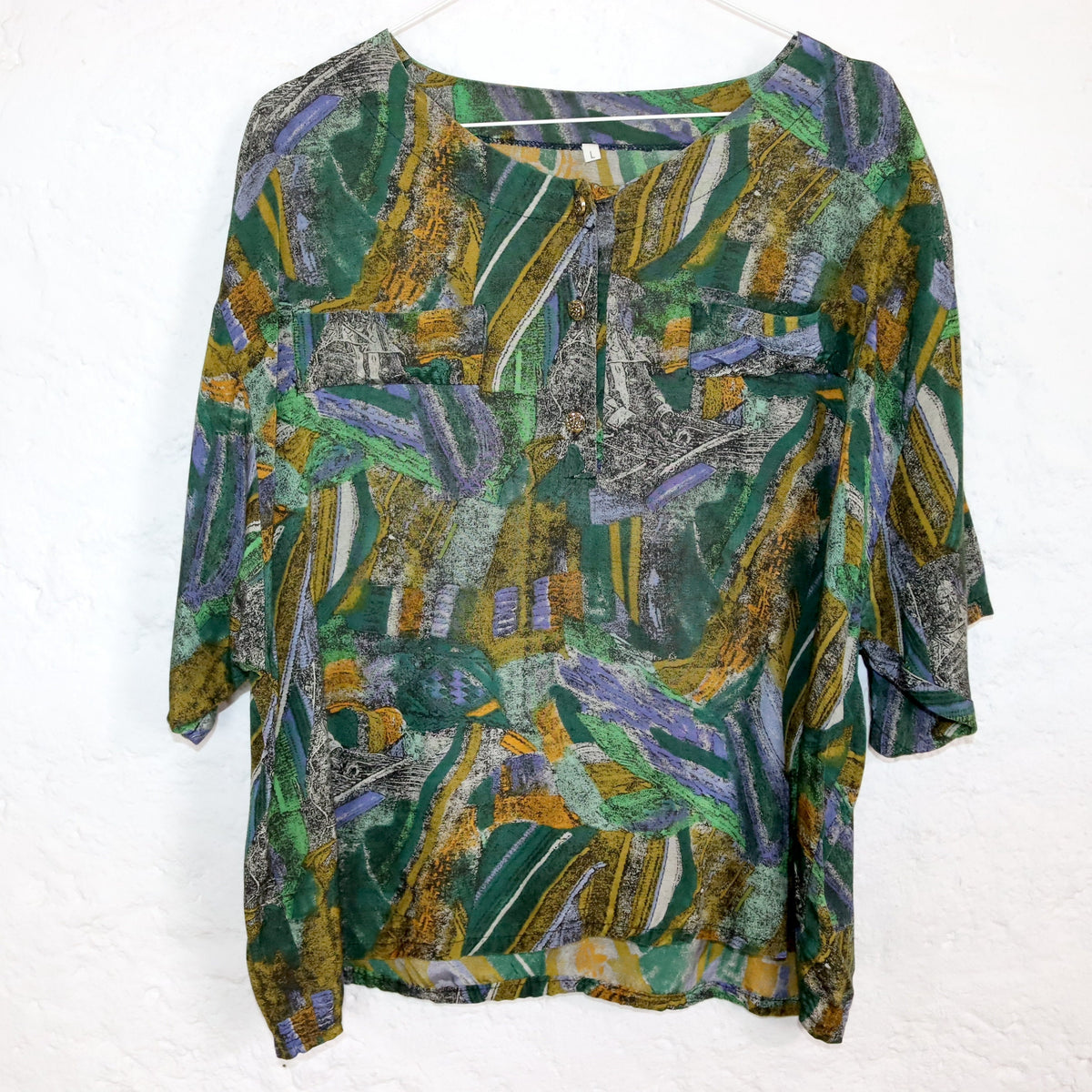 Vintage 80er 90er Bluse kurzarm crazy pattern grün gelb L