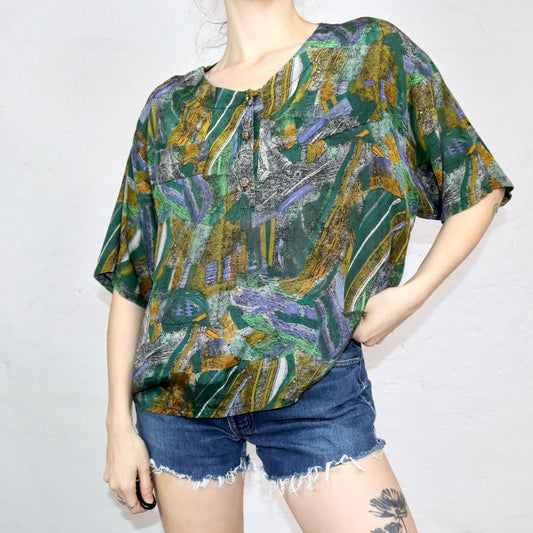 Vintage 80er 90er Bluse kurzarm crazy pattern grün gelb L