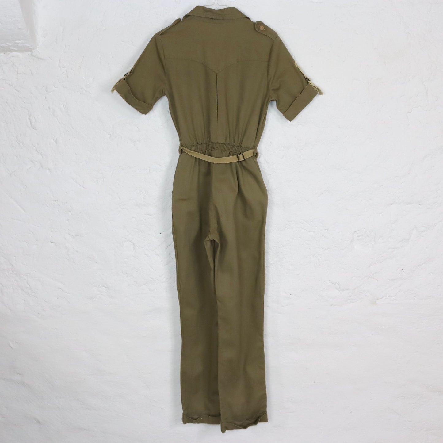 Vintage 70er 80er ROSE HIPS Overall Einteiler kurzarm Reißverschluss Denim khaki 36