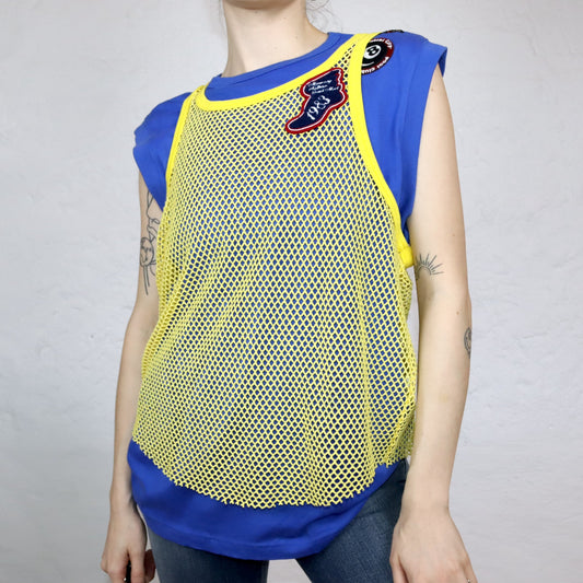 Vintage 90er 00er Y2k ENERGIE Top Shirt ärmellos Netztop blau gelb Patches Deadstock XL