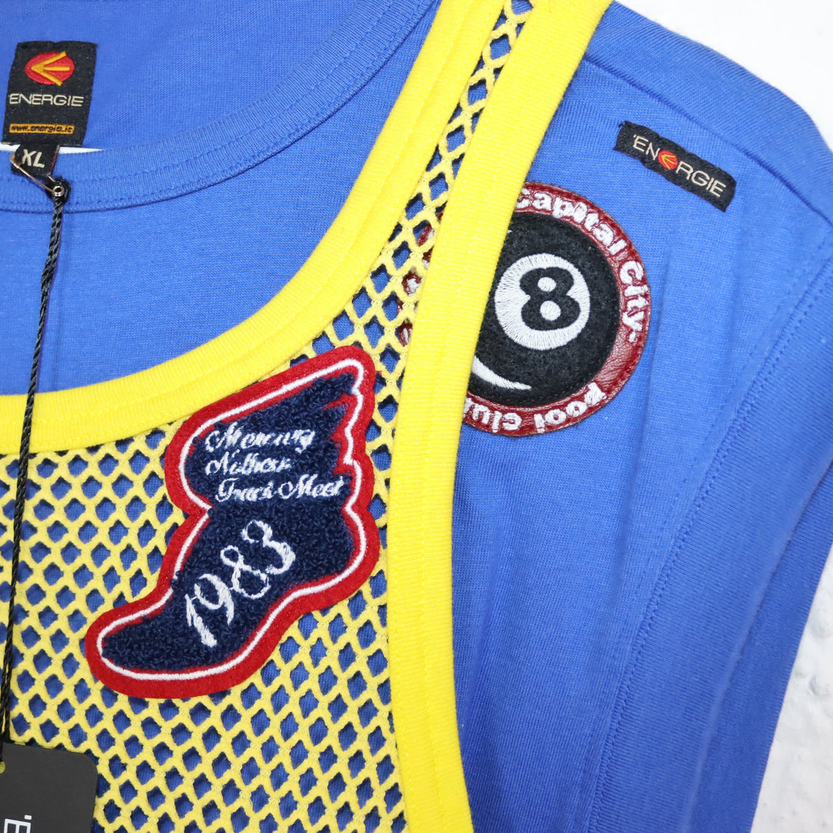 Vintage 90er 00er Y2k ENERGIE Top Shirt ärmellos Netztop blau gelb Patches Deadstock XL
