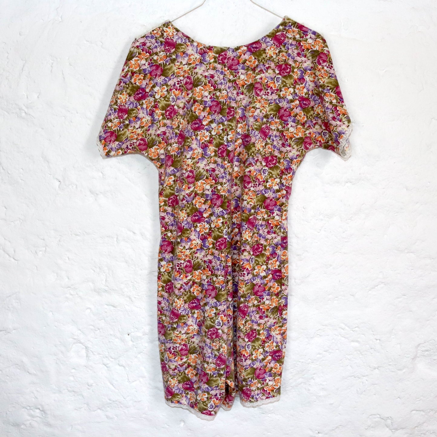 Vintage 80s 90s FORENZA one-piece jumpsuit short sleeve floral pattern crocheted collar lace S/M