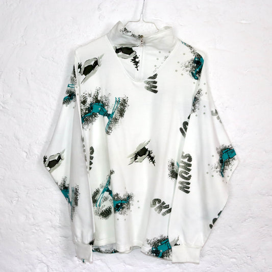 Vintage 80er 90er MEDICO Sweatshirt crazy pattern Skipullover Stehkragen weiß türkis 42