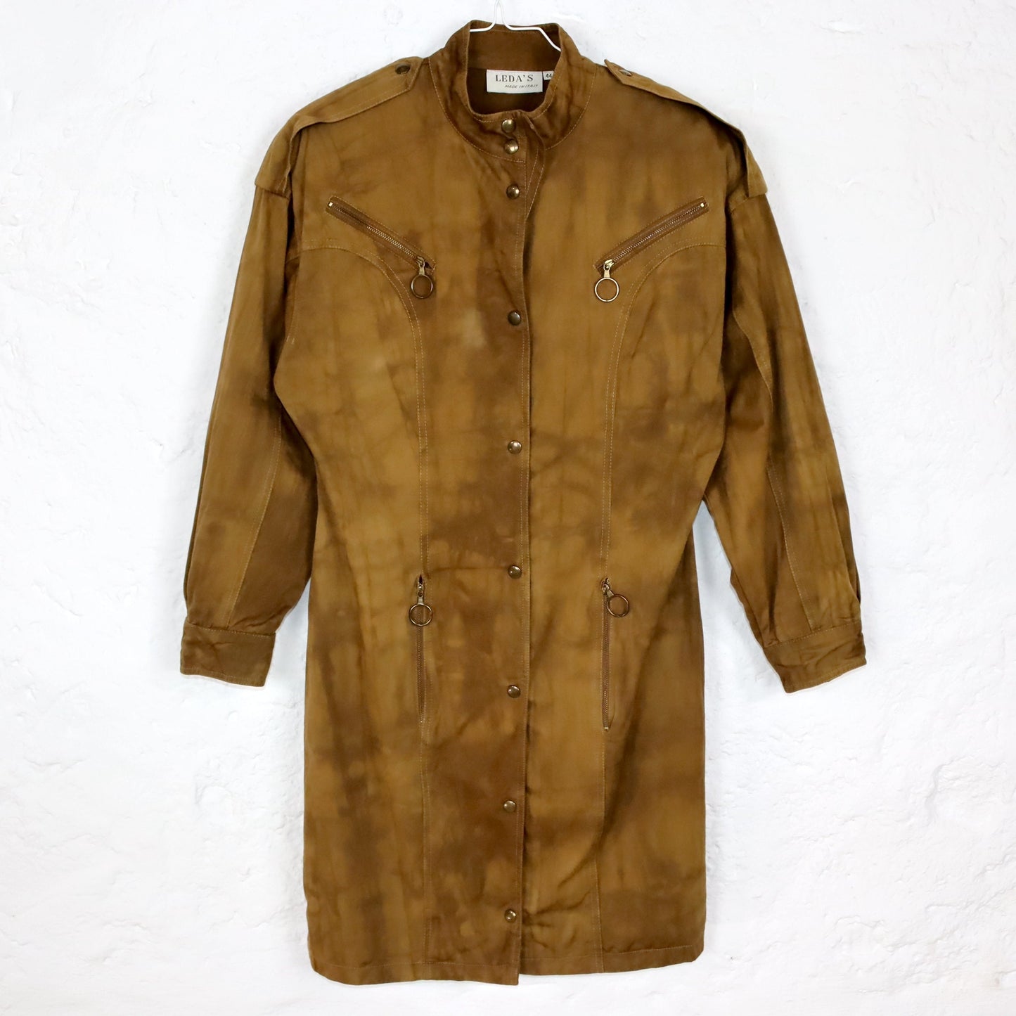 Vintage 80er 90er LEDAS Kleid kurz langarm Knopfreihe Schulterpolster Reißverschlüsse braun 38/40