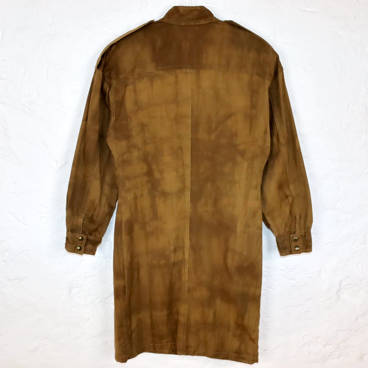 Vintage 80er 90er LEDAS Kleid kurz langarm Knopfreihe Schulterpolster Reißverschlüsse braun 38/40