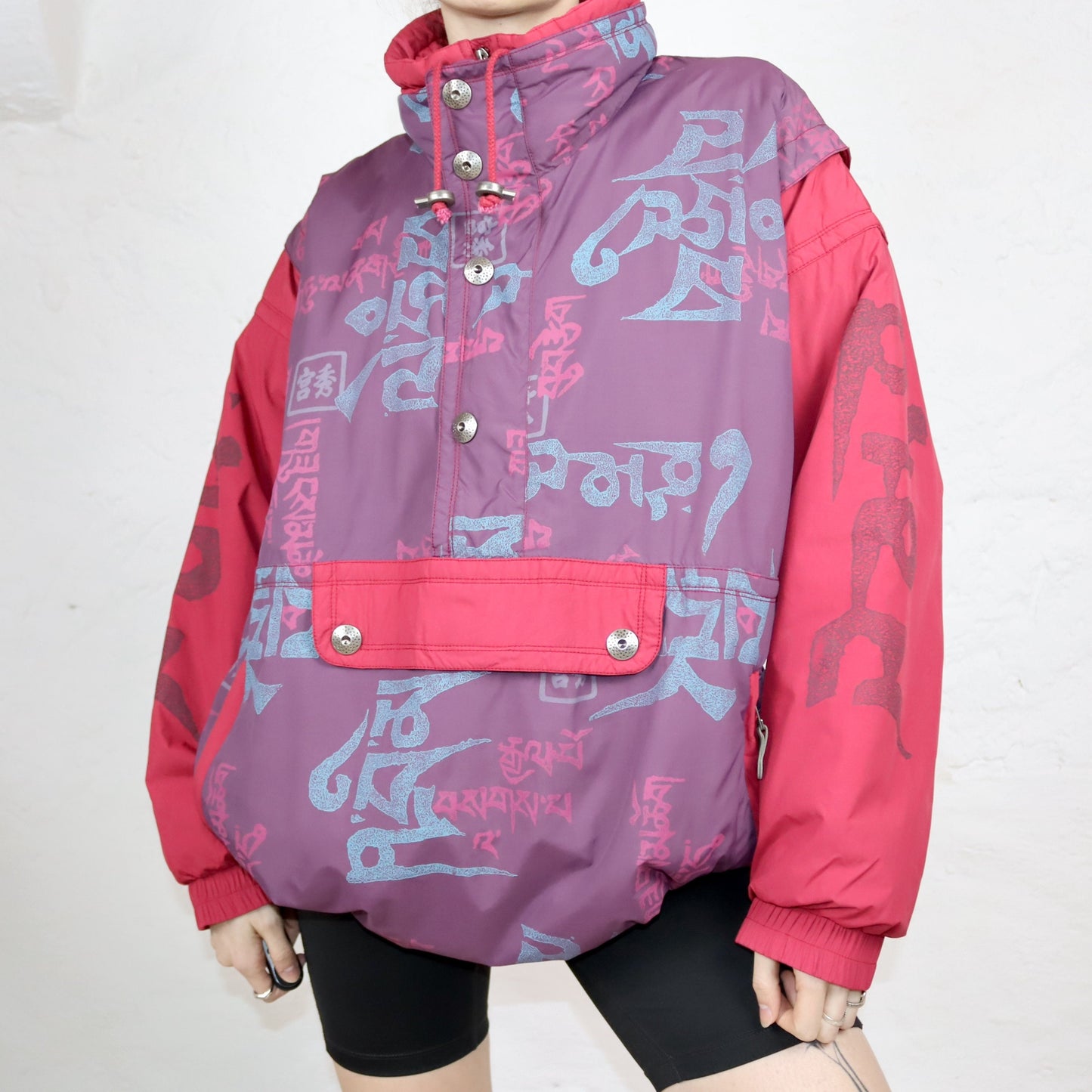 Vintage 80s 90s MAYER jacket overcoat lined stand-up collar crazy pattern bum bag L