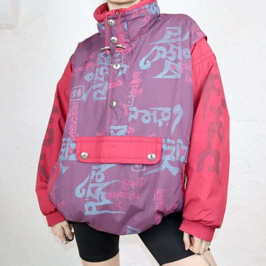 Vintage 80er 90er MAYER Jacke Überziehjacke gefüttert Stehkragen crazy pattern Bauchtasche L