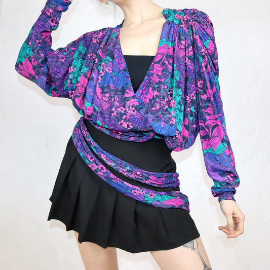 Vintage 80er 90er Atelier Brigitte Edlinger Bluse Wickelbluse crazy pattern Lila grün M