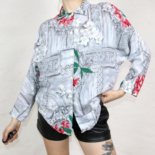 Vintage 80er 90er Bluse langarm Fledermausärmel Viskose crazy pattern Blumen grau M