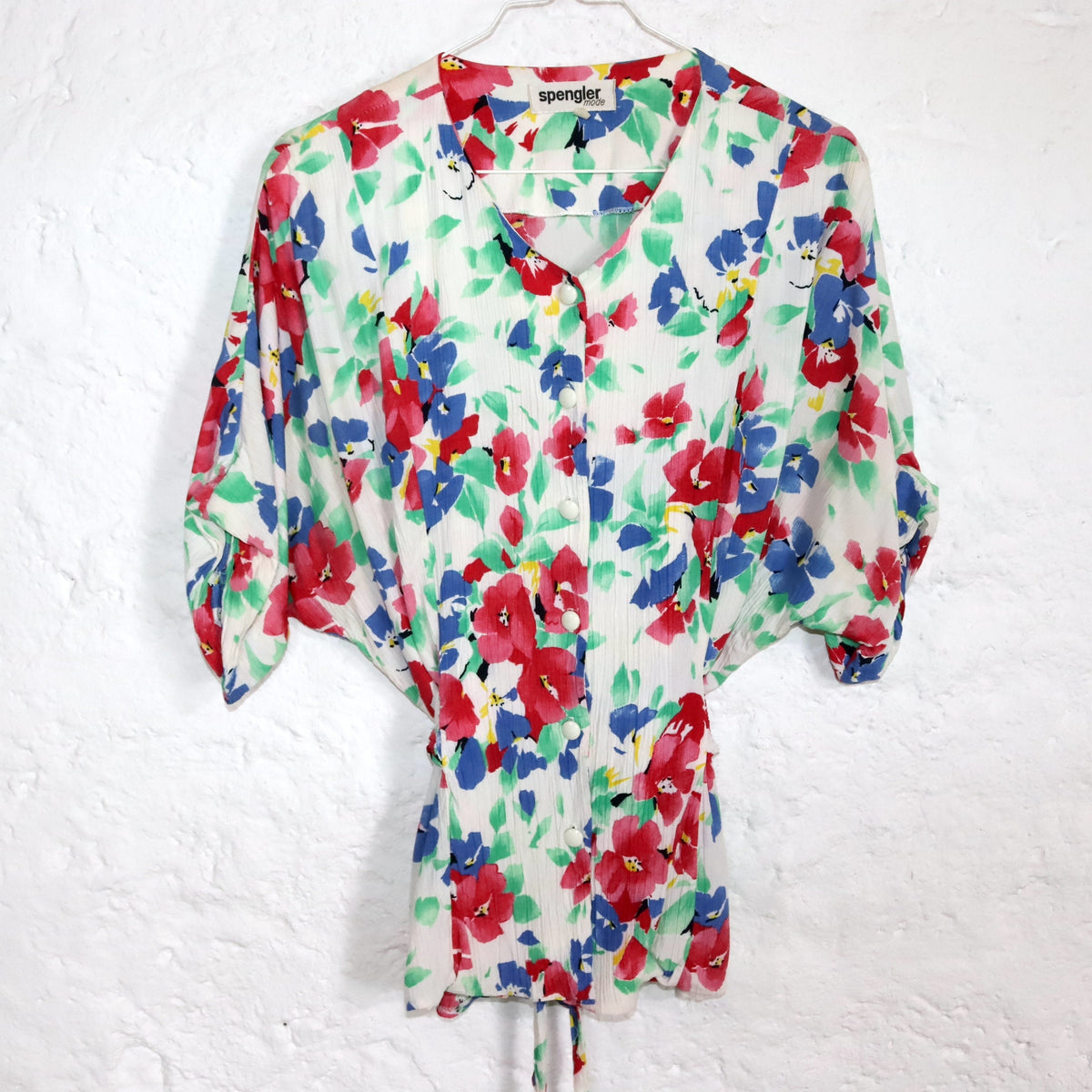 Vintage 80er 90er SPENGLER Mode Bluse kurzarm Blumenmuster zum Binden 42
